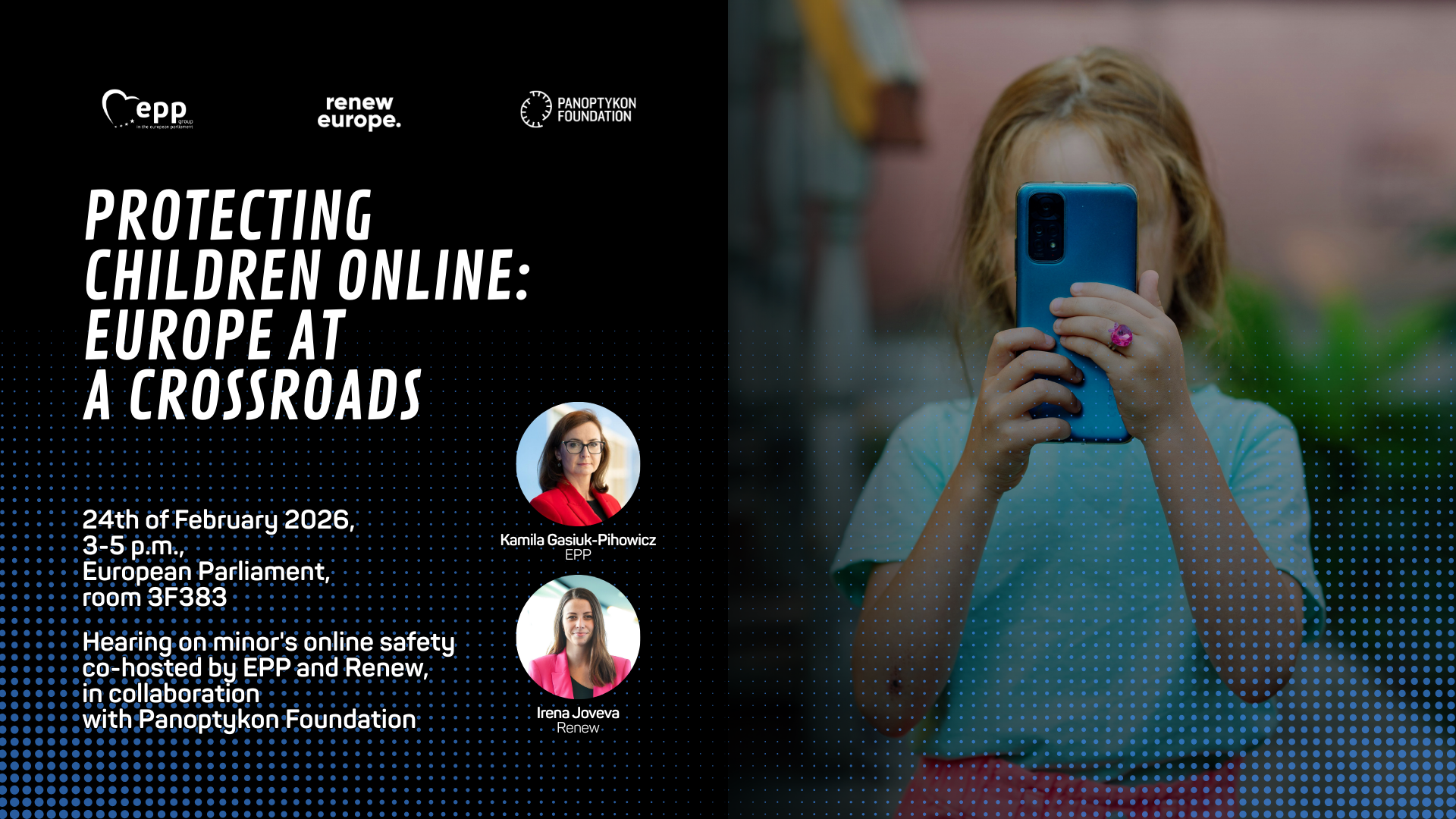 EP hearing graphic: Protecting Children Online. Europe at a Crossroads