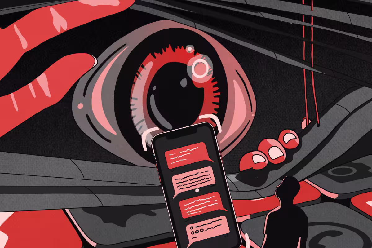 Grafika przedstawia oko podglądające osobę przez telefon