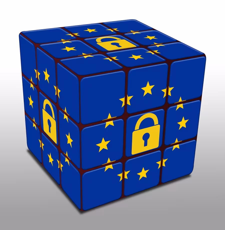 Rubic's cube with European blue and stars, and a padlock inside