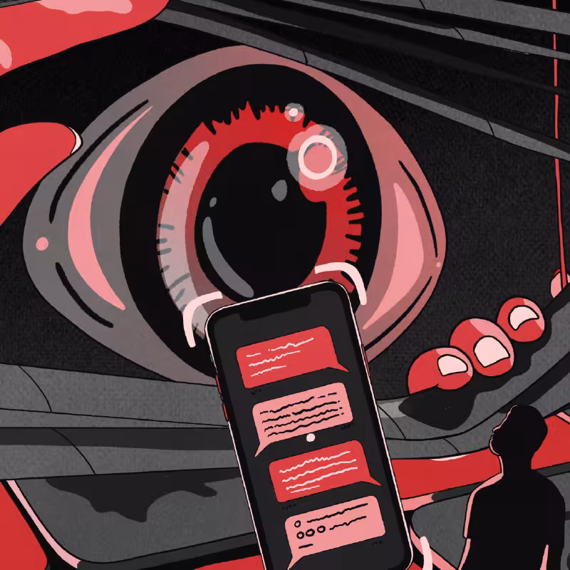 Grafika przedstawia oko podglądające osobę przez telefon